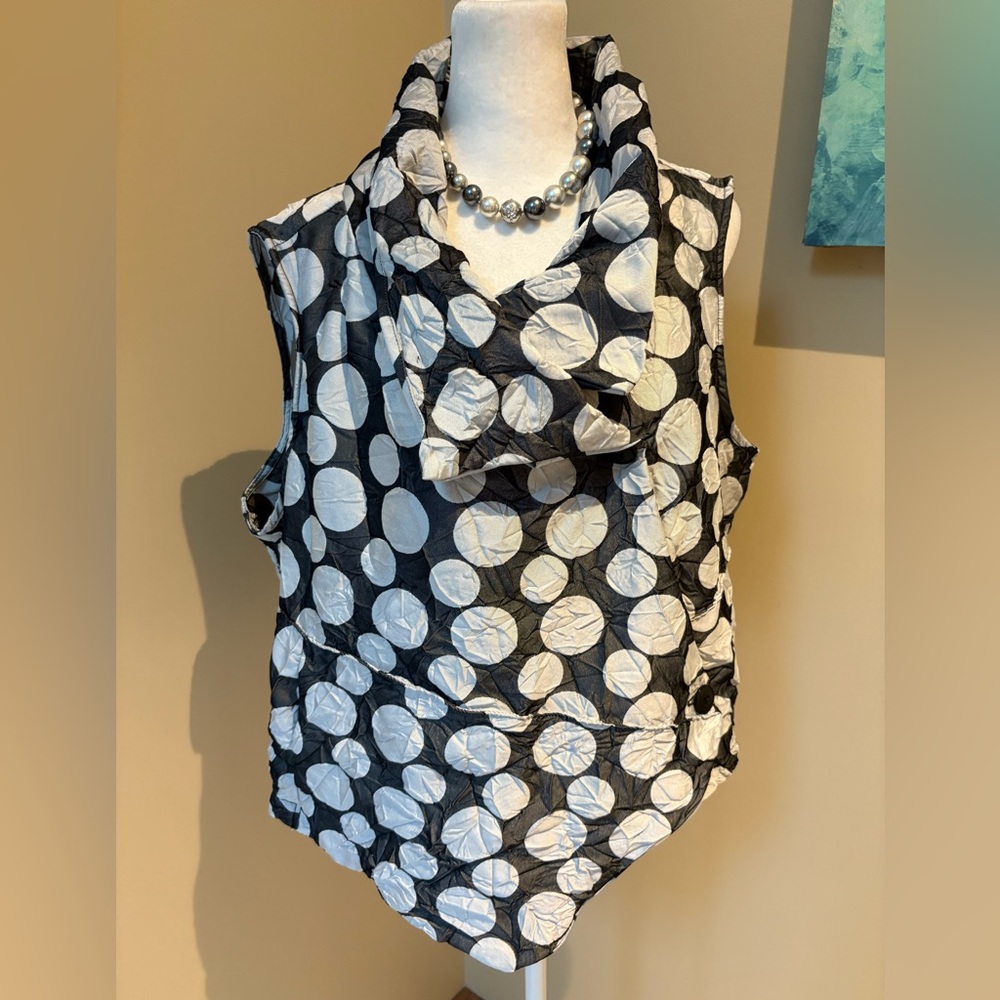Lisa Bayne Texture Crinkle Blouse Top Polka Dot Size Large Grey Black
